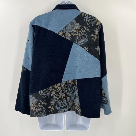 Graff Petite Large PL Patchwork Jacket Blue Embroidered Floral Embellished Lined - Picture 2 of 12